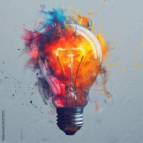 Creative light bulb explodes with colorful paint and splashes on a black background, watercolor style, creative illustration style, creative idea, think differently