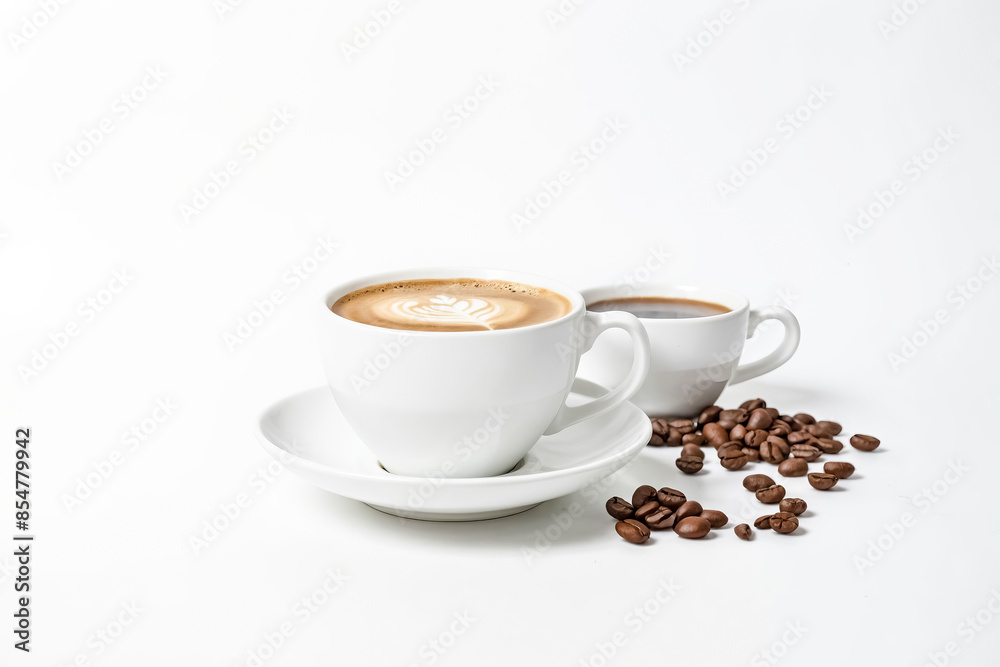 Coffee Latte and Espresso with Coffee Beans on White Background Coffee Latte and Espresso with Coffee Beans on White Background