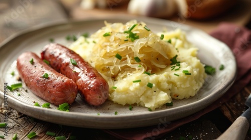 Traditional Dutch stamppot, a dish of mashed potatoes mixed with sauerkraut and smoked sausage, served on a plate. This hearty and comforting meal reflects the rich culinary traditions of Netherlands. photo