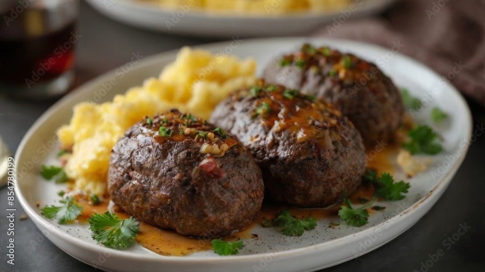 Authentic Scottish haggis dish with traditional accompaniments of mashed turnips neeps and potatoes tatties, served on a simple white platter. This classic, hearty meal represents cultural heritage. Authentic Scottish haggis dish with traditional accompaniments of mashed turnips neeps and potatoes tatties, served on a simple white platter. This classic, hearty meal represents cultural heritage.