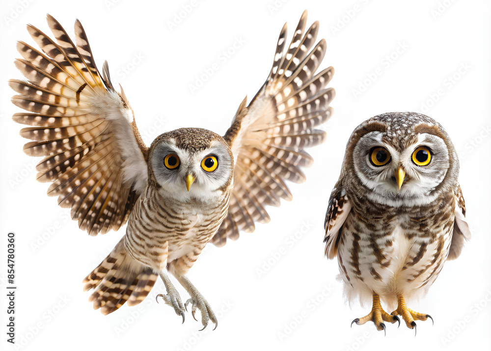 Fototapeta premium Flying and standing Spotted Owl isolated on white background