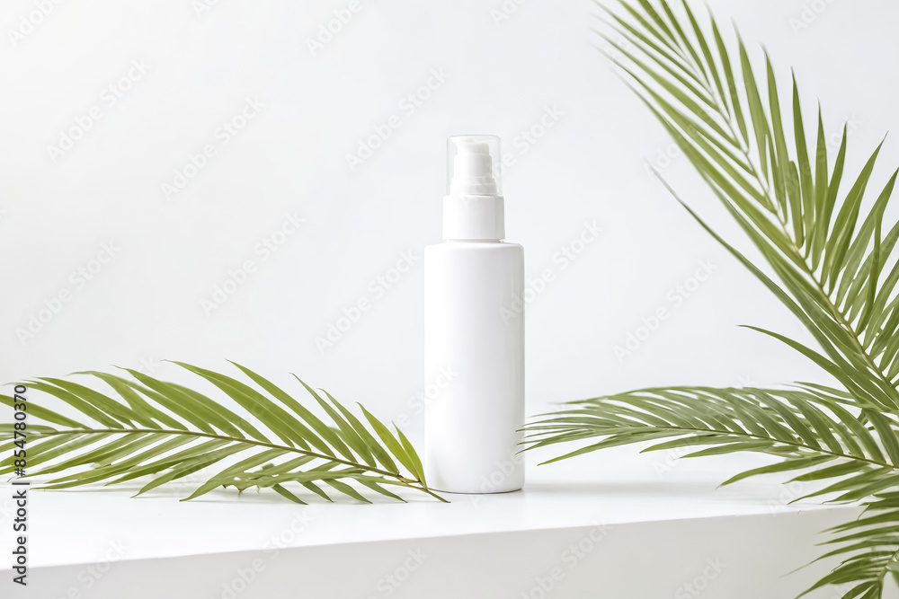 White Cosmetic Bottle with Palm Leaf on White Background White Cosmetic Bottle with Palm Leaf on White Background