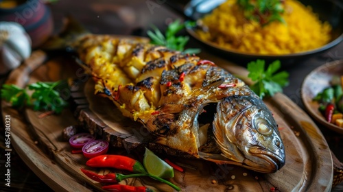 Iraqi masgouf, a traditional grilled carp dish seasoned with tamarind and turmeric, served on a rustic wooden platter. This savory, flavorful fish dish represents the cultural heritage. photo