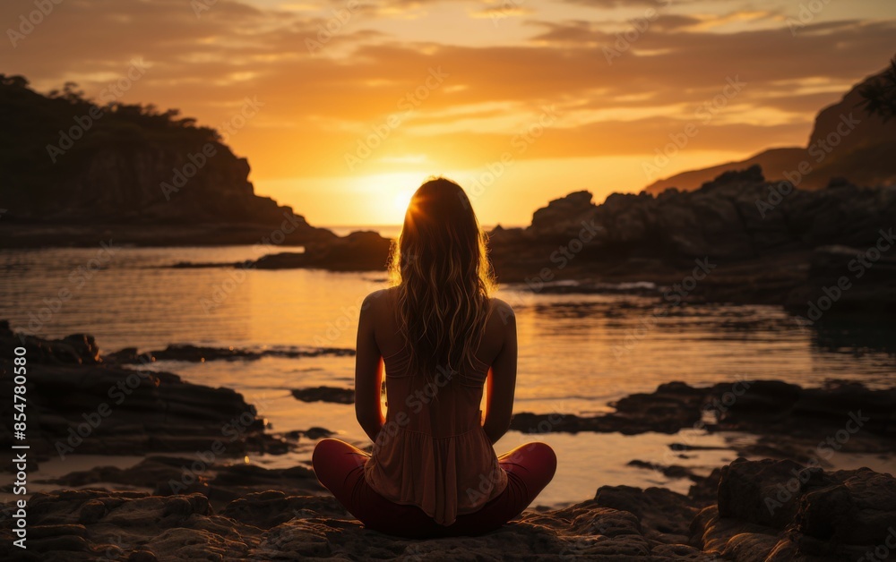 Fototapeta premium A woman is sitting on a rock by the water, looking out at the sunset