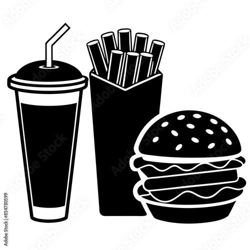 Hamburger soft drink and french fries, Fast food items vector Silhouette illustration.