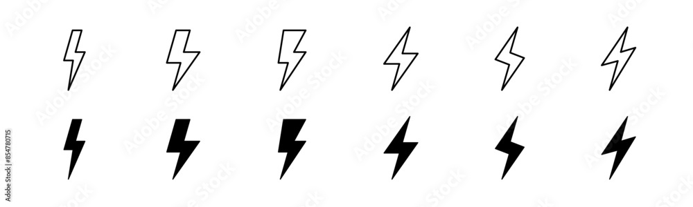 Lightning icon set. Line and glyph flash sign. Outline thunderbolt symbol