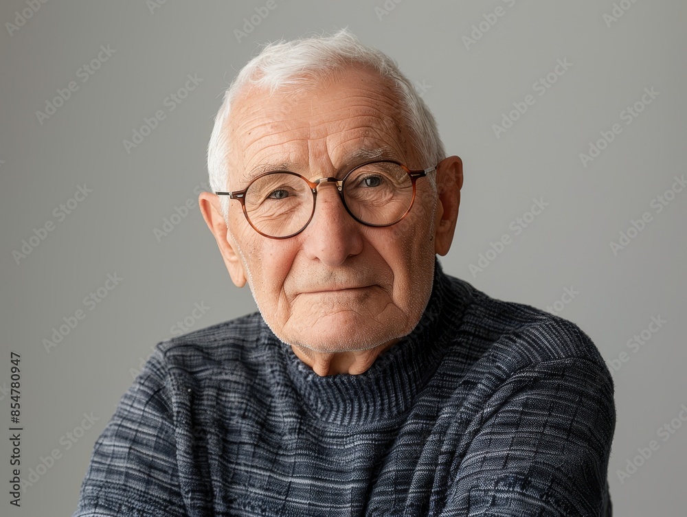 Elderly man with glasses, looking content, wearing a simple sweater, with a light background Elderly man with glasses, looking content, wearing a simple sweater, with a light background