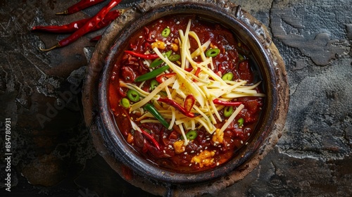 Bhutanese ema datshi, a traditional spicy chili and cheese curry, served in a rustic bowl. This unique and flavorful ethnic dish showcases the bold and comforting flavors of Bhutanese cuisine. photo