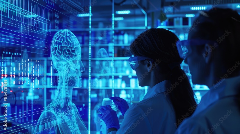 Scientists Researching Digital Human Anatomy in Lab. Scientists Researching Digital Human Anatomy in Lab.