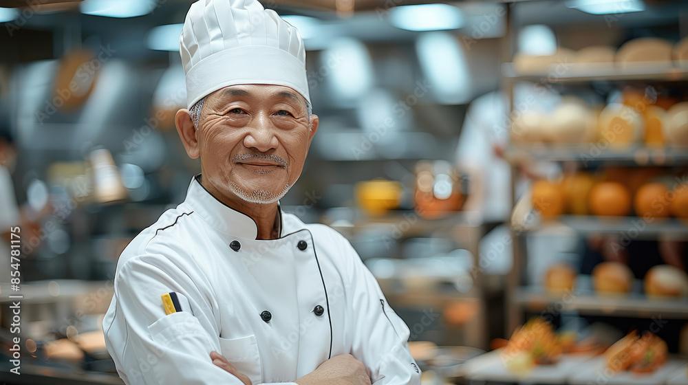 Age 60, chef wear in Asia for men men's cooking chef, cooking uniform. Generative AI. Age 60, chef wear in Asia for men men's cooking chef, cooking uniform. Generative AI.