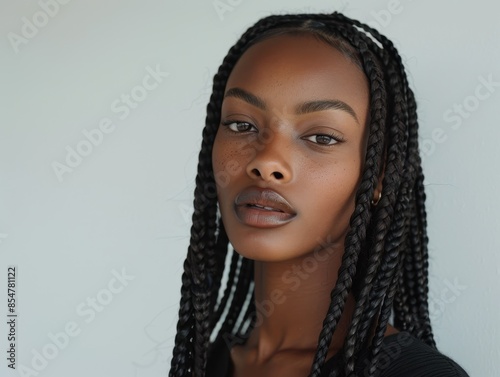 Woman with long braids, looking confident, against a minimal white backdrop