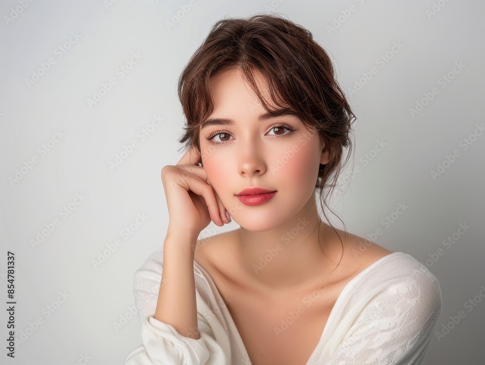 Woman with a bob haircut, looking sophisticated, against a simple white background Woman with a bob haircut, looking sophisticated, against a simple white background