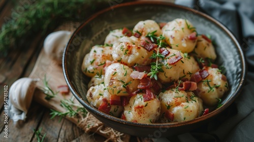 Traditional Slovakian bryndzove halusky featuring potato dumplings smothered in rich sheep's cheese and crispy bacon. This beloved comfort food dish showcases the comforting and authentic flavors. photo