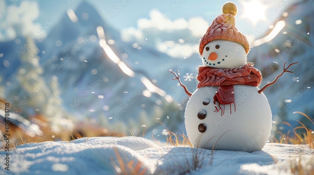 Fototapeta premium Charming Snowman in Winter Wonderland with Scenic Mountain Background
