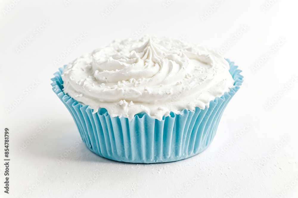White Cupcake with Blue Wrapper on White Background White Cupcake with Blue Wrapper on White Background