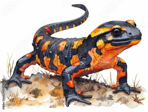 A salamander clipart, crawling on the ground, watercolor illustration, vibrant oranges and blacks, isolated on white background