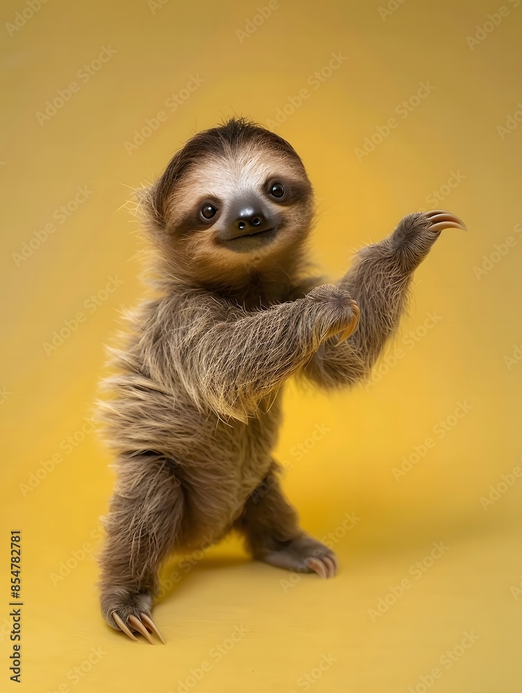 Sweet Baby Sloth Stands Happily on a Yellow Background Sweet Baby Sloth Stands Happily on a Yellow Background