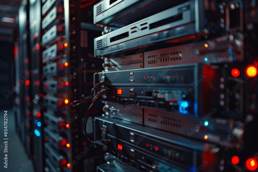 A high-tech server room filled with multiple hard drive arrays and backup tapes, providing secure data storage and management.