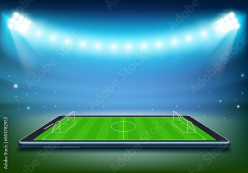 Smartphone with a football field on the screen. Illuminated by soccer stadium floodlights. Stock vector illustration