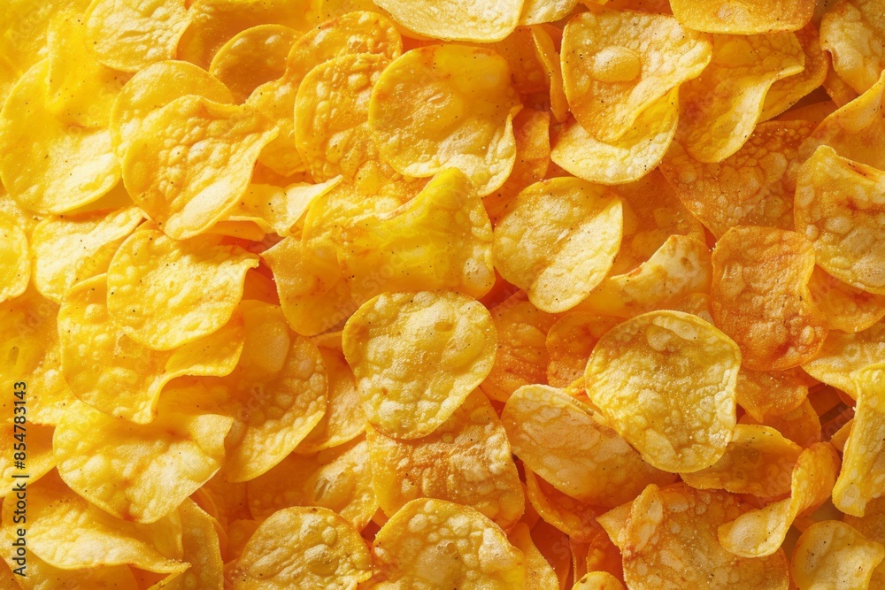 Crispy fresh potato chips, snacks background. Top view, flat lay. Banner