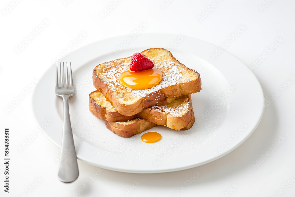 French toast with powdered sugar and a raspberry French toast with powdered sugar and a raspberry