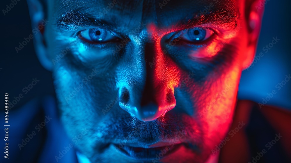 A man with a red and blue face staring at the camera A man with a red and blue face staring at the camera