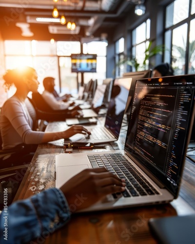 Team of programmers working on a software project in a modern office.