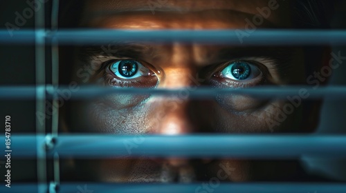 A man with blue eyes is looking out of a window blind