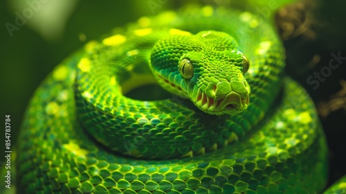 Stunning Green Snake Coiled on a Branch - Generative AI