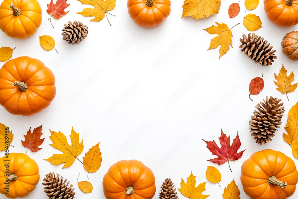 Fototapeta premium Autumnal Frame with Pumpkins, Leaves and Pine Cones