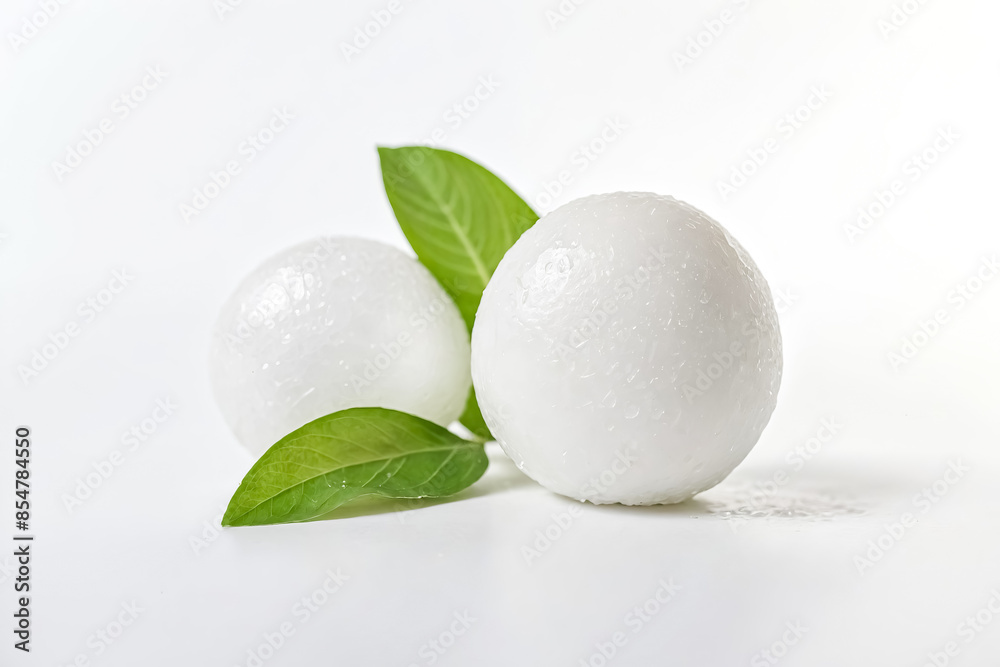Two White Spheres with Green Leaves on a White Background Two White Spheres with Green Leaves on a White Background