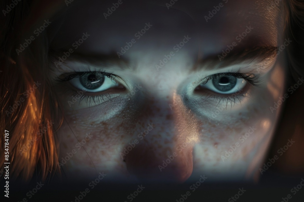 A close-up of a person's face, illuminated by the soft light of their laptop screen. The reflection of the screen shining in their eyes as they concentrate on their work. A close-up of a person's face, illuminated by the soft light of their laptop screen. The reflection of the screen shining in their eyes as they concentrate on their work.