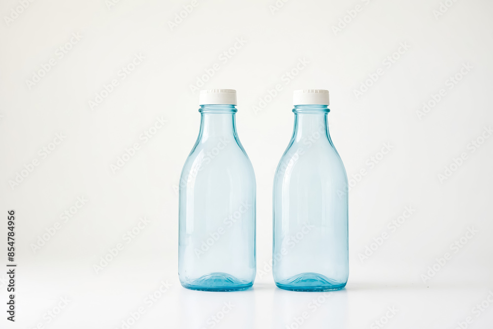 Two Empty Blue Glass Bottles with White Caps on White Background