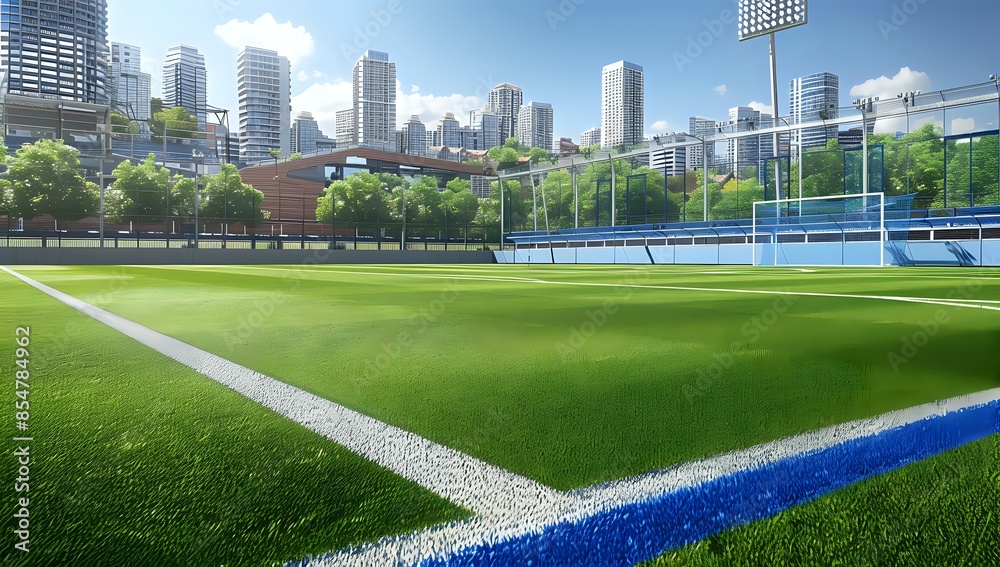 Urban Soccer Field with City Skyline View Urban Soccer Field with City Skyline View