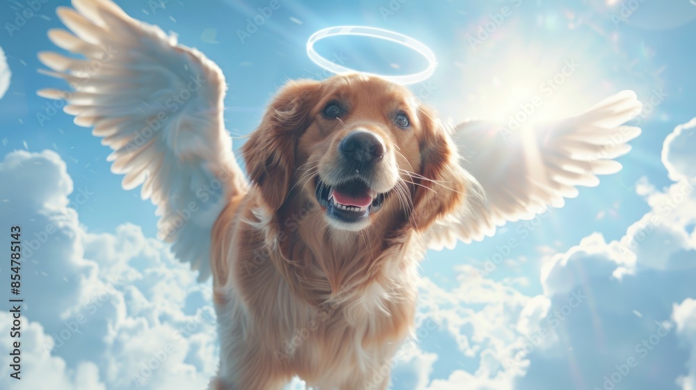 Heavenly Joy: Golden Retriever with Angel Wings and Halo Radiating ...