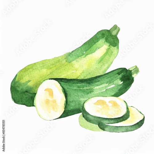 Hand drawn watercolor green zucchini vegetable isolated on white background