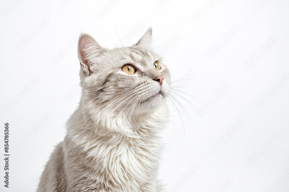 Obraz premium Close-up of a fluffy white cat with yellow eyes looking up