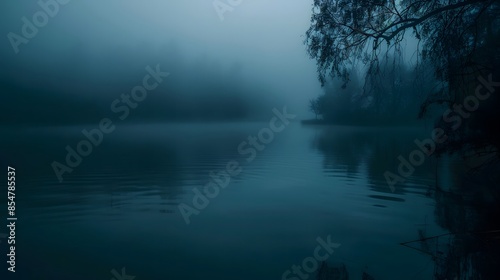 Fototapeta Naklejka Na Ścianę i Meble -  Mysterious Night by the Foggy Lake

