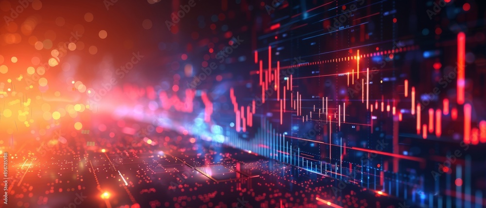 Obraz premium Technology AI banner with financial AI and stock market graphs empty text space