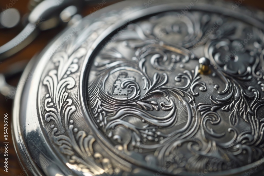 This close-up shot showcases the exquisite engravings on the vintage pocket watch's case, highlighting its timeless craftsmanship and elegance. This close-up shot showcases the exquisite engravings on the vintage pocket watch's case, highlighting its timeless craftsmanship and elegance.