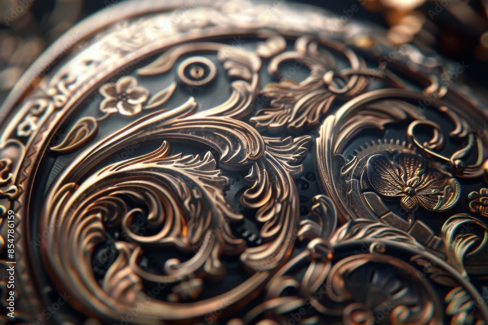 Capture the essence of timeless beauty with this close-up shot of a vintage pocket watch, showcasing exquisitely detailed engravings on its case. Capture the essence of timeless beauty with this close-up shot of a vintage pocket watch, showcasing exquisitely detailed engravings on its case.