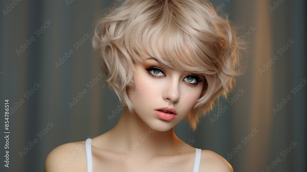 Portrait of beautiful smiling blonde lady with short haircut. Portrait of beautiful smiling blonde lady with short haircut.
