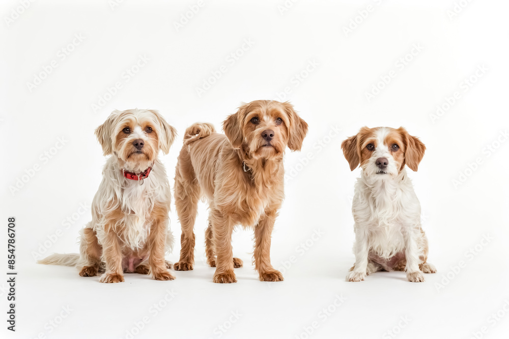 Three Small Dogs Sitting and Standing on a White Background Three Small Dogs Sitting and Standing on a White Background