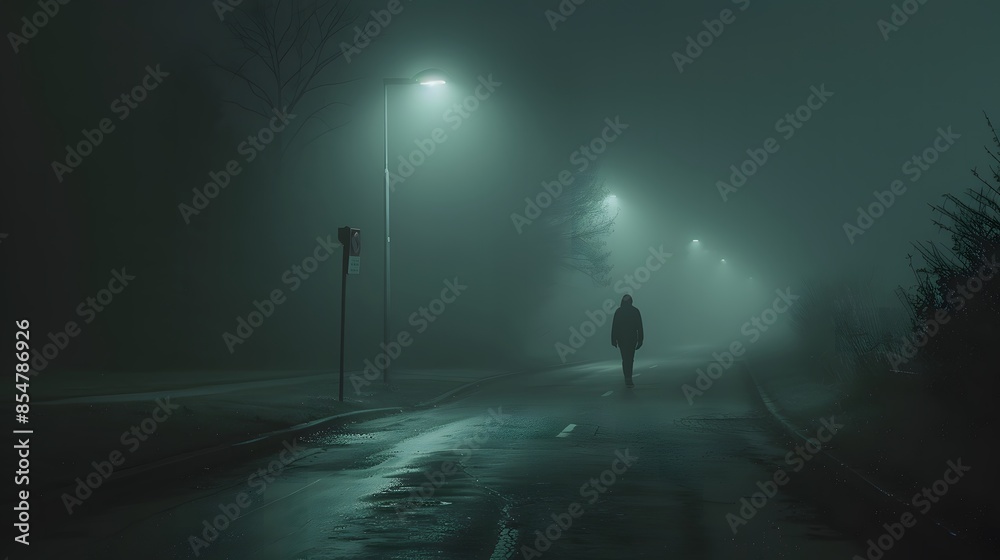 Fototapeta premium mysterious Night Scene with Man in Foggy Road