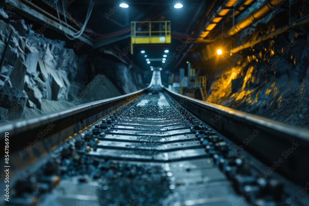 A dynamic scene of coal being transported from the depths of a mine to the surface using a conveyor belt, with heavy machinery and equipment in the background.