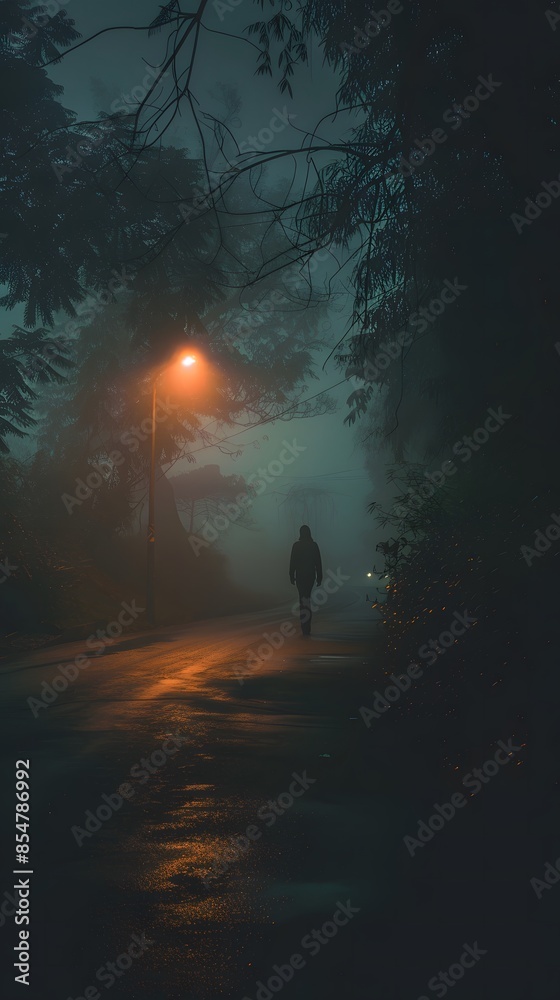 mysterious Night Scene with Man in Foggy Road mysterious Night Scene with Man in Foggy Road