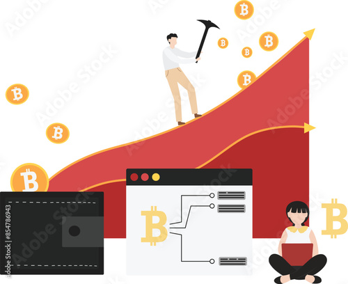 Cryptocurrency blockchain flat design illustration, NFT, Bitcoin Mining, Modern flat cartoon style. Vector illustration on white background