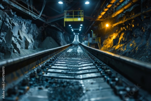 Obraz na płótnie A dynamic scene of coal being transported from the depths of a mine to the surface using a conveyor belt, with heavy machinery and equipment in the background. w salonie