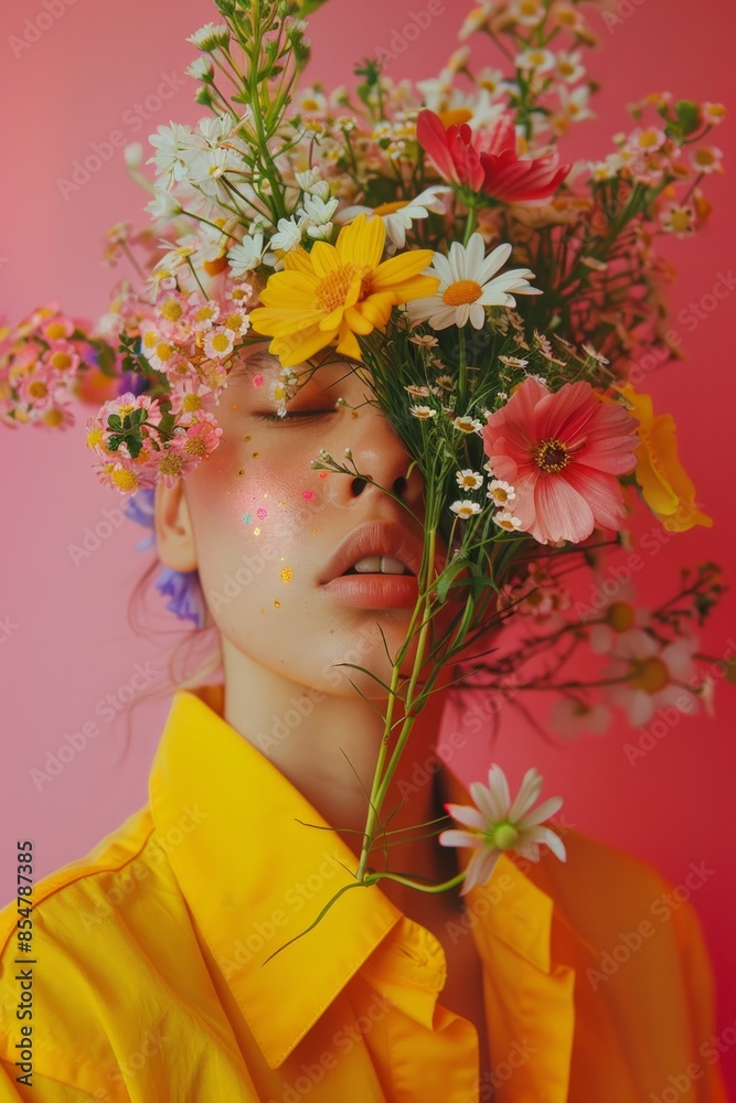 A vibrant floral arrangement serves as a head on a person clad in a bright yellow blouse