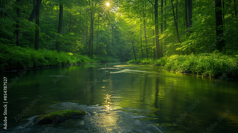 A serene forest scene with dense green foliage and a calm, reflective river running through it. Sunlight filters through the trees, creating beautiful rays of light and casting dappled shadows on the A serene forest scene with dense green foliage and a calm, reflective river running through it. Sunlight filters through the trees, creating beautiful rays of light and casting dappled shadows on the